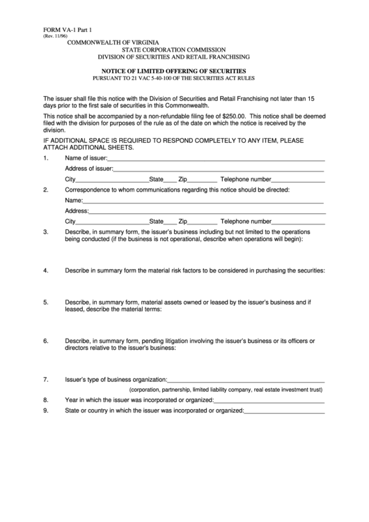 Form Va-1 Notice Of Limited Offering Of Securities Printable pdf