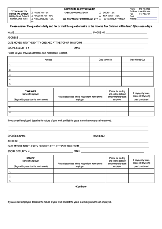 Individual Questionnaire - City Of Hamilton Printable pdf
