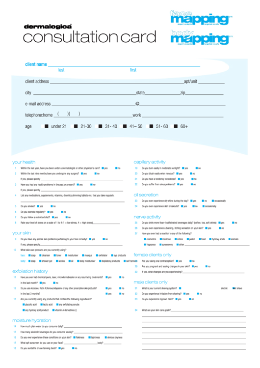Client Consultation Card Form Printable pdf