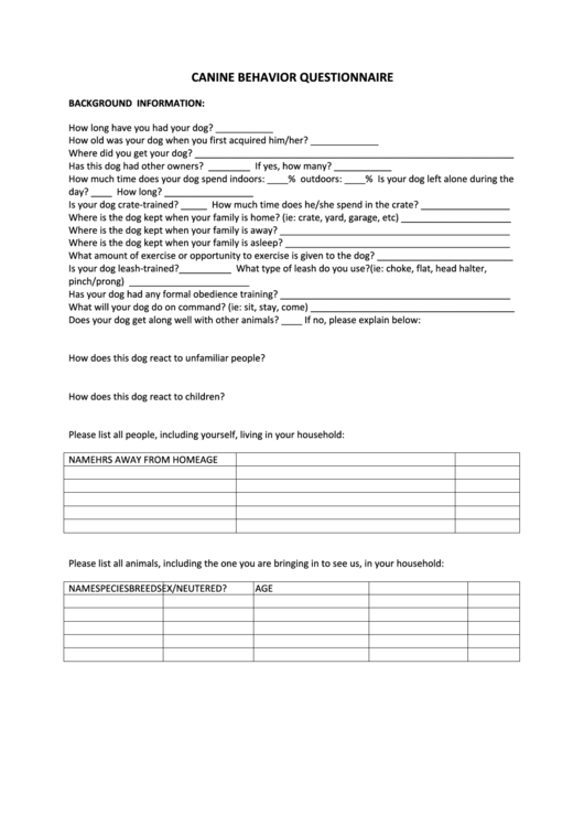 Canine Behavior Questionnaire Template Printable pdf