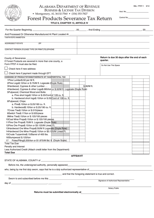 B&l: Fpst-1 - Forest Products Severance Tax Return Form - Alabama Department Of Revenue Printable pdf