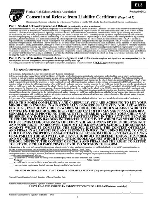 Form El3 - Consent And Release From Liability Certificate - Florida High School Athletic Association - 2012 Printable pdf