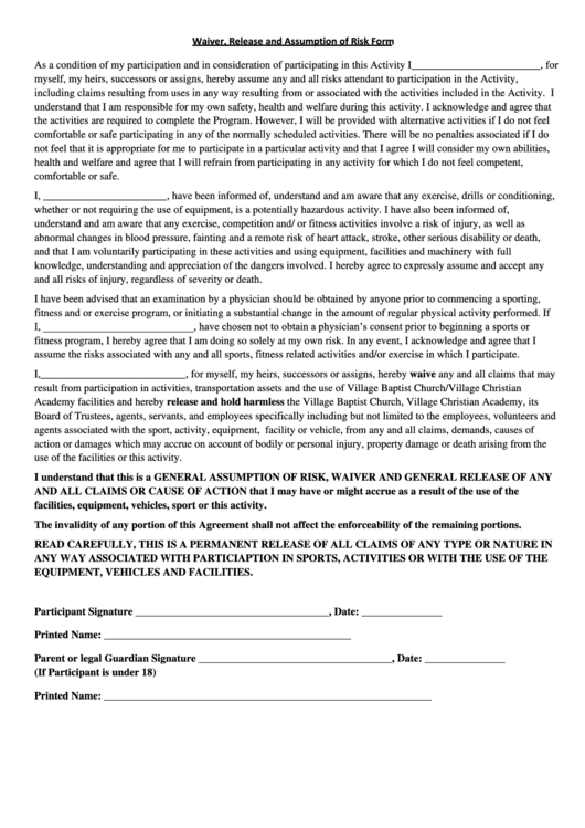 Waiver, Release And Assumption Of Risk Form Printable pdf