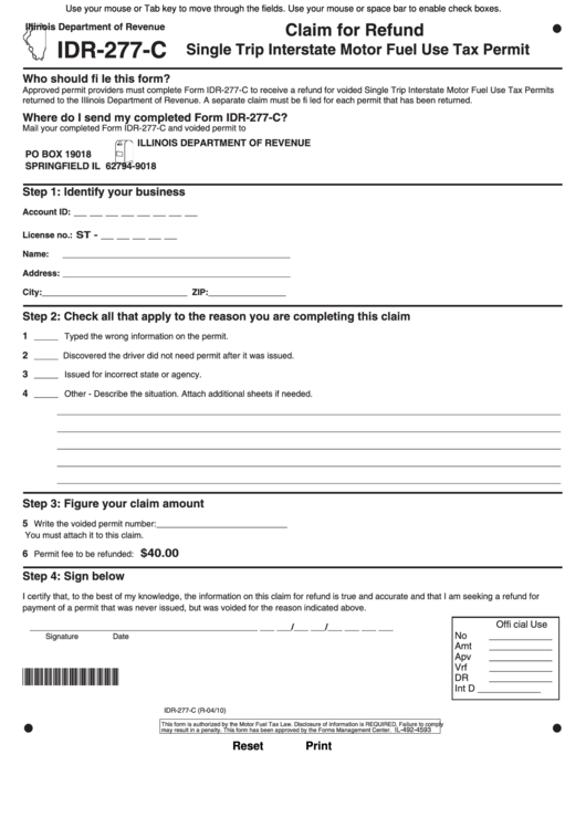 Fillable Form Idr-277-C - Claim For Refund Single Trip Interstate Motor Fuel Use Tax Permit (2010) Printable pdf