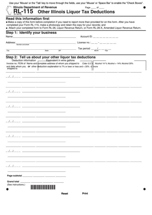 Fillable Form Rl-115 - Other Illinois Liquor Tax Deductions - 2010 Printable pdf