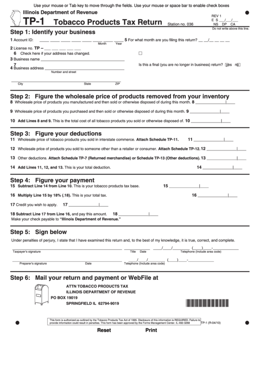 Fillable Form Tp-1 - Tobacco Products Tax Return - 2010 Printable pdf