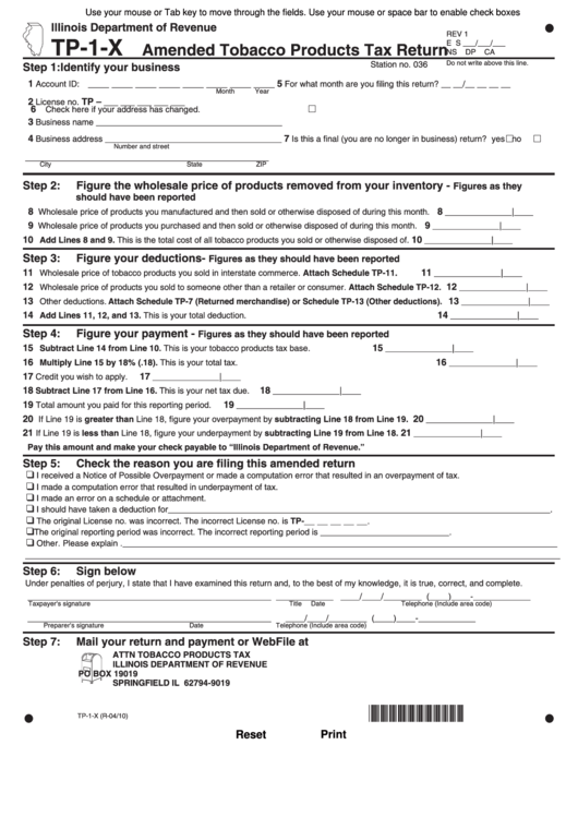Fillable Form Tp-1-X - Amended Tobacco Products Tax Return - 2010 Printable pdf