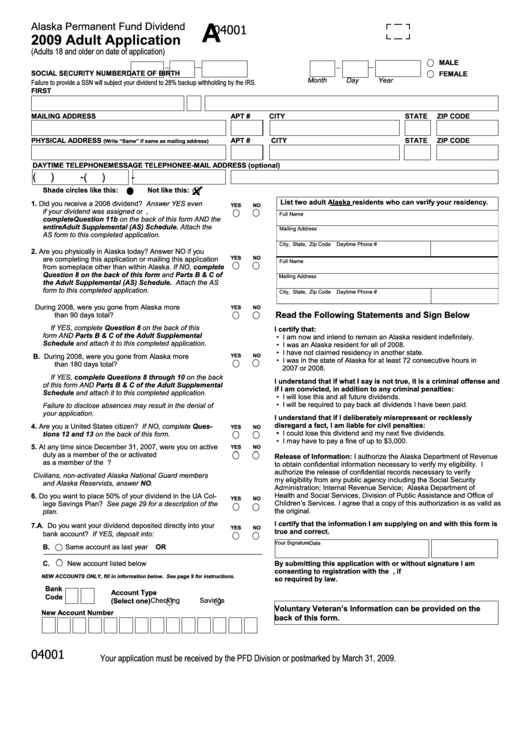 2009 Adult Application Form - Alaska Department Of Revenue Printable pdf