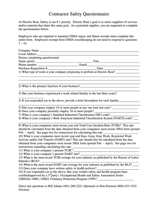 Contractor Safety Questionnaire Form Printable pdf
