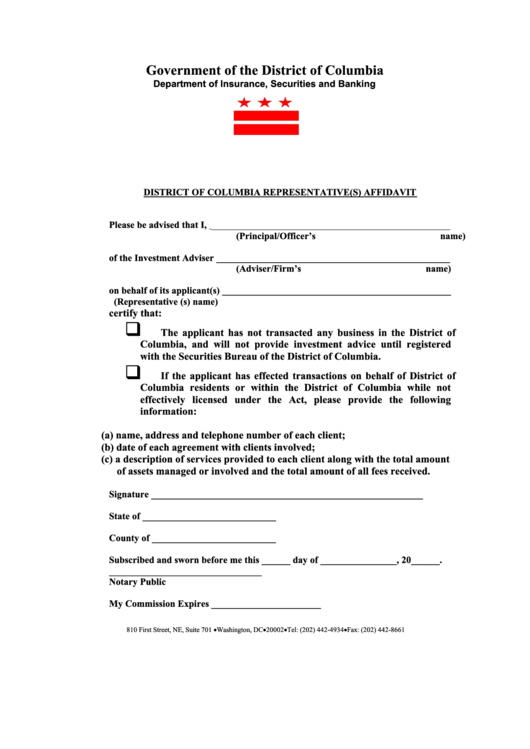 District Of Columbia Representative(S) Affidavit Form Printable pdf