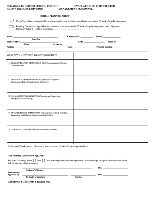 Lausd/hr Form 1044-6 Initial Planning Sheet