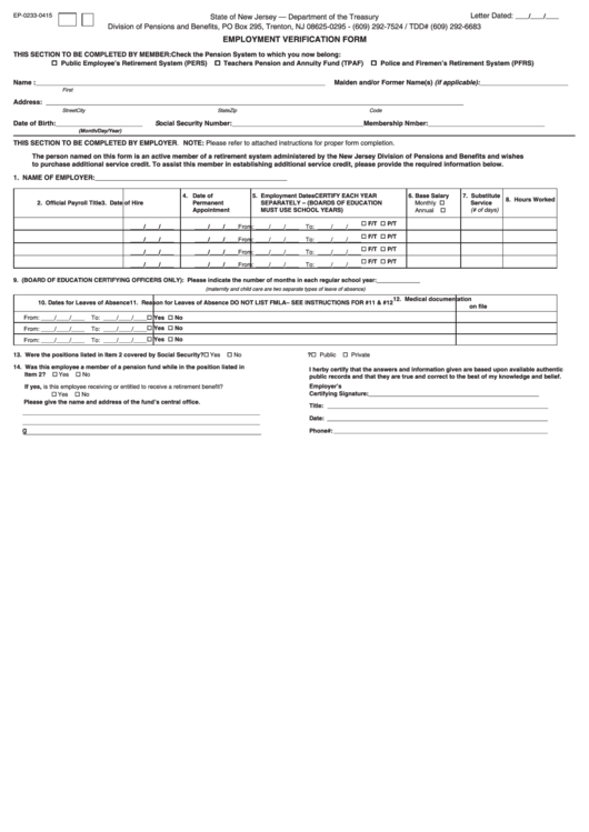 Fillable Ep-0233-0415 Employment Verification Form Printable pdf
