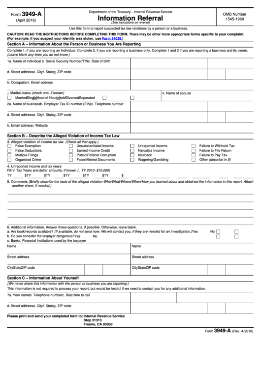 Fillable Form 3949-A Information Referral Printable pdf