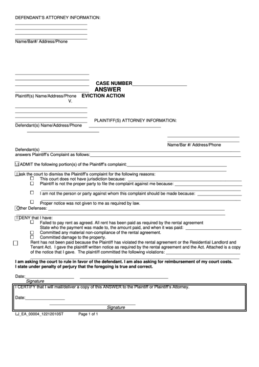 Fillable Answer Eviction Action Form Printable pdf