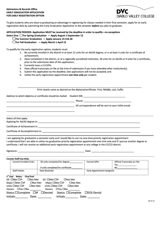 Early Graduation Application For Early Registration Option Form