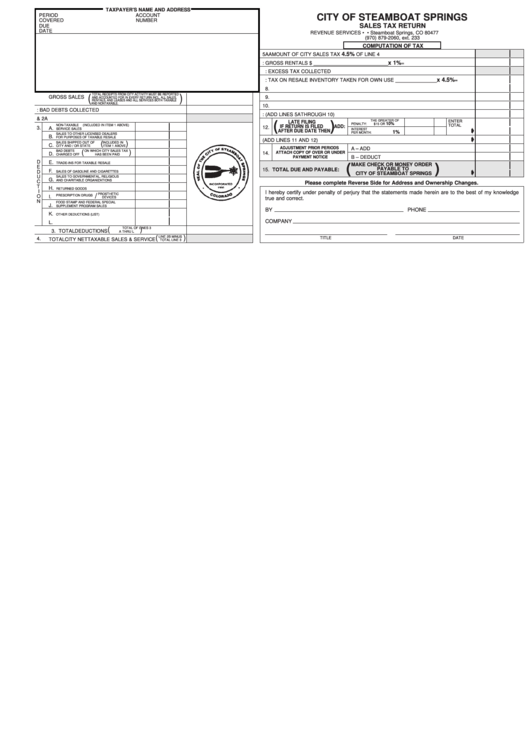 Sales Tax Return - City Of Steamboat Springs Printable pdf