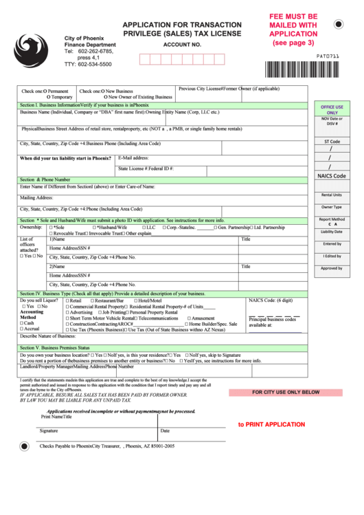 Fillable Application For Transaction Privilege (Sales) Tax License Form Printable pdf