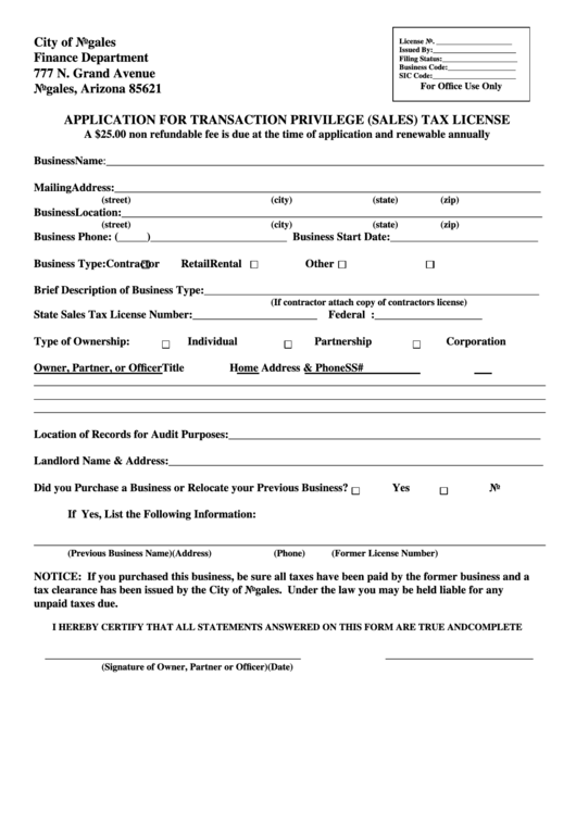 Application For Transaction Privilege (Sales) Tax License Form Arizona Printable pdf