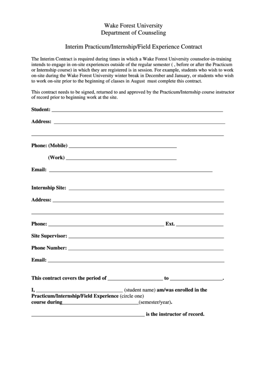 Interim Practicum/internship/field Experience Contract Form Printable pdf