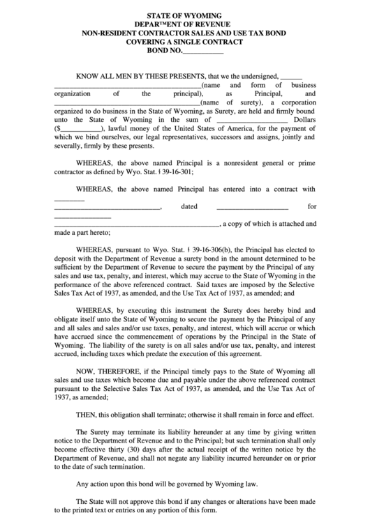 Ets Form 124 A - Non-Resident Contractor Sales And Use Tax Bond Covering A Single Contract - 2001 Printable pdf