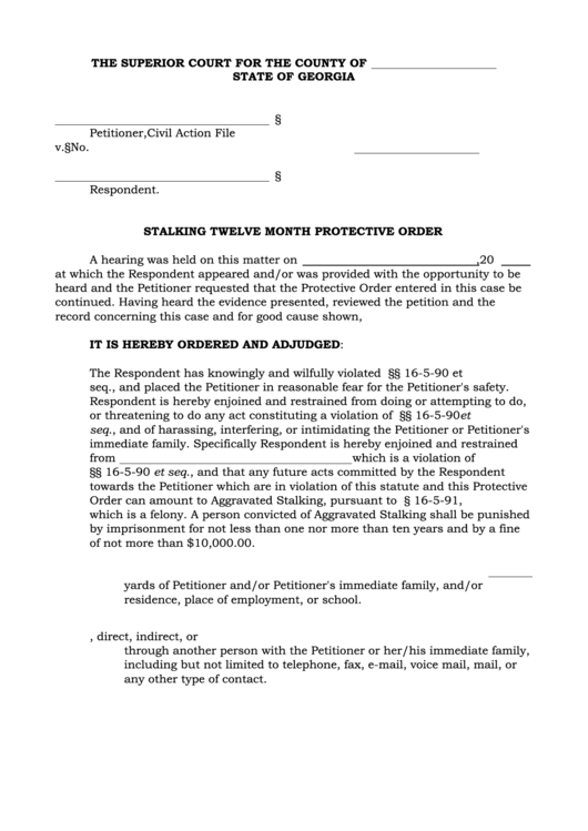 Stalking Twelve Month Protective Order Template Printable pdf