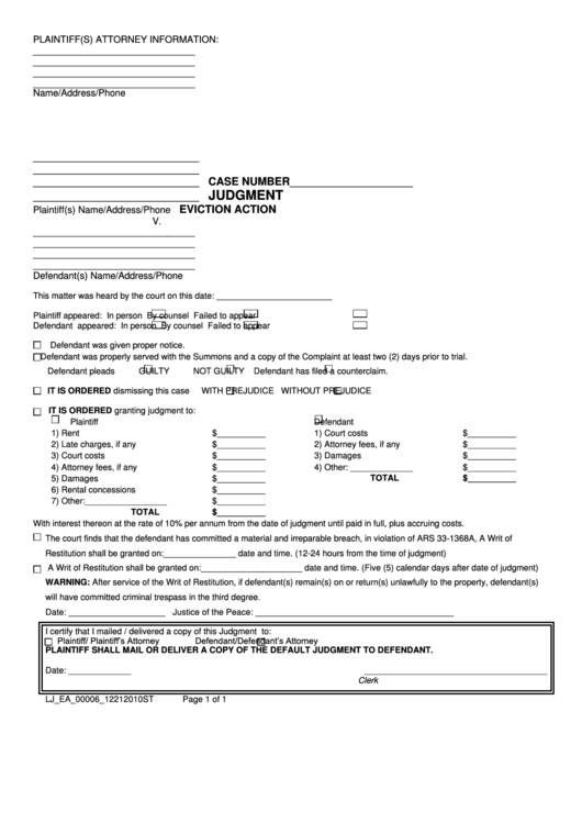 Fillable Judgment Eviction Action Form Printable pdf