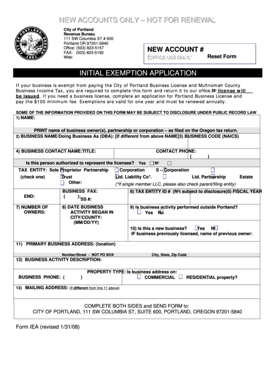 Fillable Form Iea - Initial Exemption Application Printable pdf