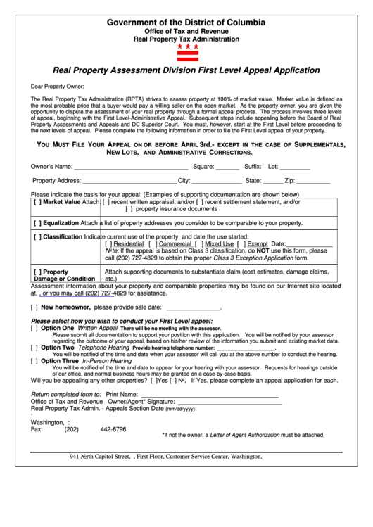 Fillable Real Property Assessment Division First Level Appeal Application Form Printable pdf