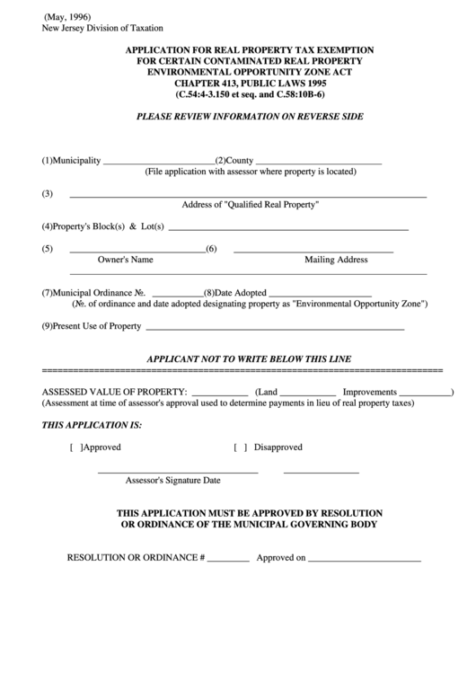 Fillable Form E.o.z. - 1 Application For Real Property Tax Exemption Printable pdf