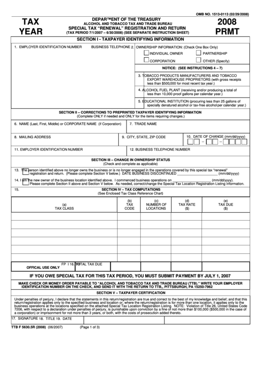 Fillable Ttb F 5630.5r Special Tax "Renewal" Registration And Return Form 2008 Printable pdf