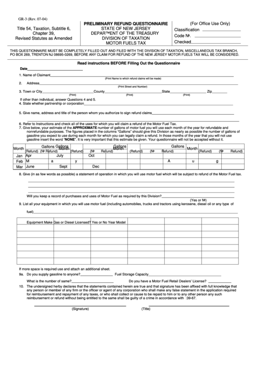 Fillable Form Gr-3 - Preliminary Refund Questionnaire Printable pdf