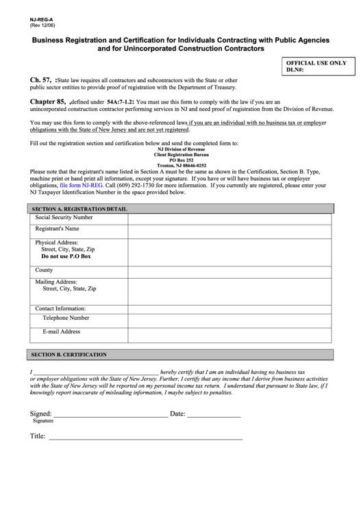 Fillable Form Nj-Reg-A - Business Registration And Certification For Individuals Contracting With Public Agencies And For Unincorporated Construction Contractors Printable pdf