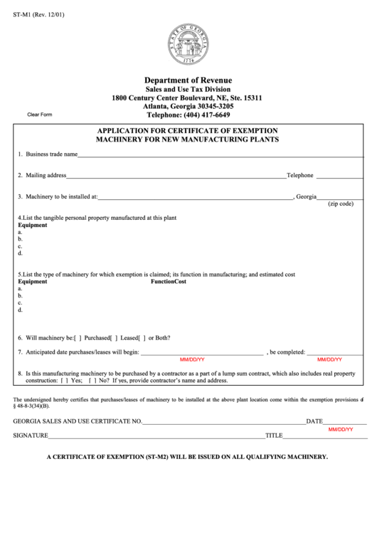 Fillable St-M1 - Application For Certificate Of Exemption Machinery For New Manufacturing Plants Form 2001 Printable pdf