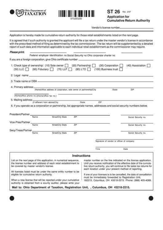 Fillable St 26 Form - Application For Cumulative Return Authority Printable pdf