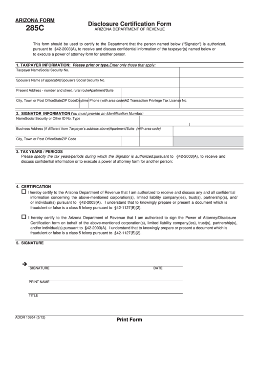 Fillable Arizona Form 285c - Disclosure Certification Form Printable pdf