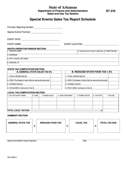 Fillable Form St 370 - Special Events Sales Tax Report Schedule Form - 2011 Printable pdf