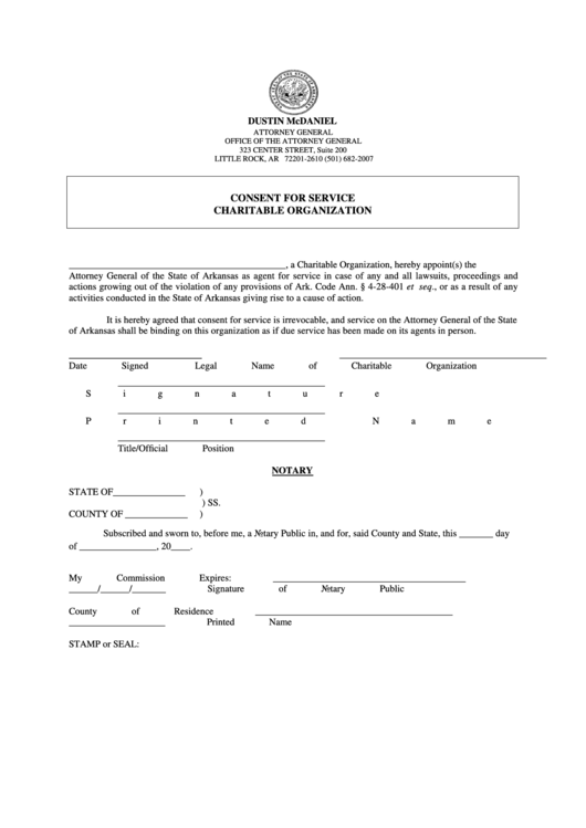 Consent For Service Charitable Organization Form - Attorney General, State Of Arkansas Printable pdf