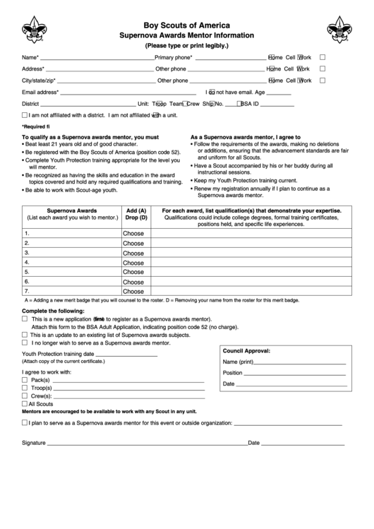Fillable Supernova Awards Mentor Information Form - Boy Scouts Of America Printable pdf