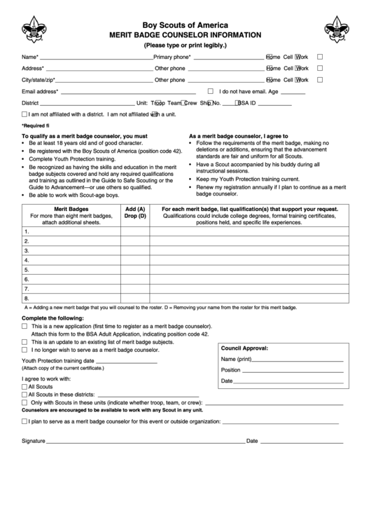 Fillable Merit Badge Counselor Application Form - Boy Scouts Of America Printable pdf