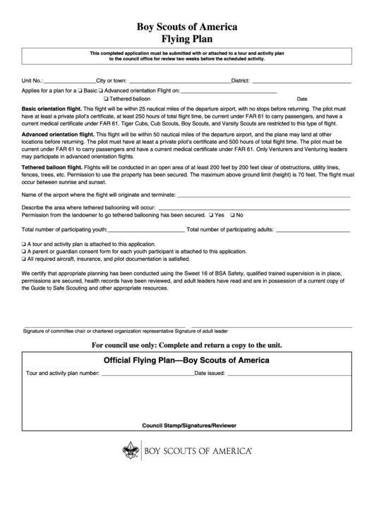 Fillable Flying Permit Application Form - Boy Scouts Of America Printable pdf