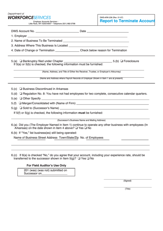 Fillable Form Dws-Ark-236 - Report To Terminate Account Printable pdf
