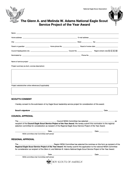 Fillable The Glenn A. And Melinda W. Adams National Eagle Scout Service Project Of The Year Award Form Printable pdf