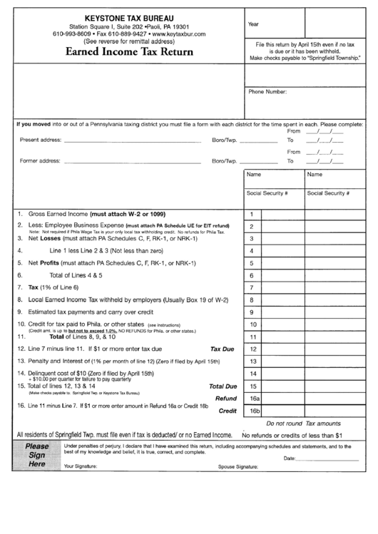 Earned Income Tax Return Form Pennsylvania Printable pdf