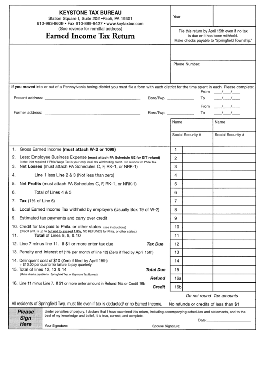 Earned Income Tax Return Form Pennsylvania Printable Pdf Download