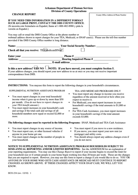 Dco-234 Change Report Form - Arkansas Department Of Human Services Printable pdf