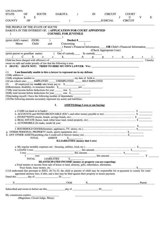 Ujs 224a Application For Court Appointed Counsel For Juvenile Form Printable pdf