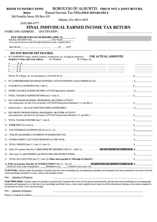 Final Individual Earned Income Tax Return Form Pennsylvania Printable pdf