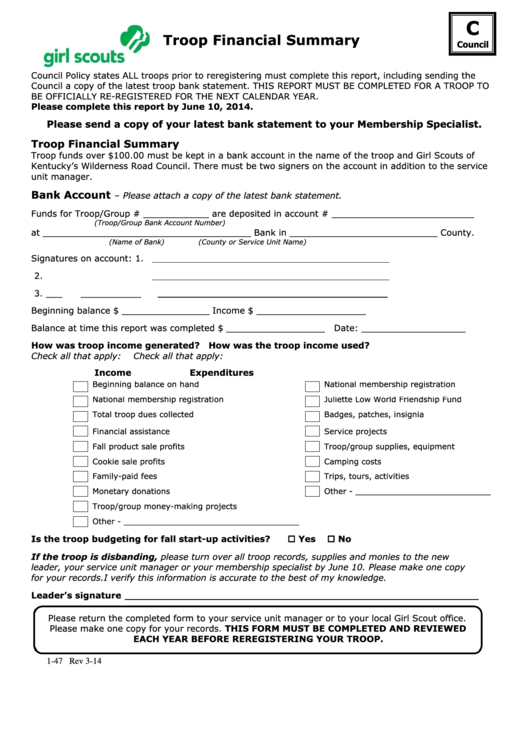 Troop Financial Summary Form Printable pdf