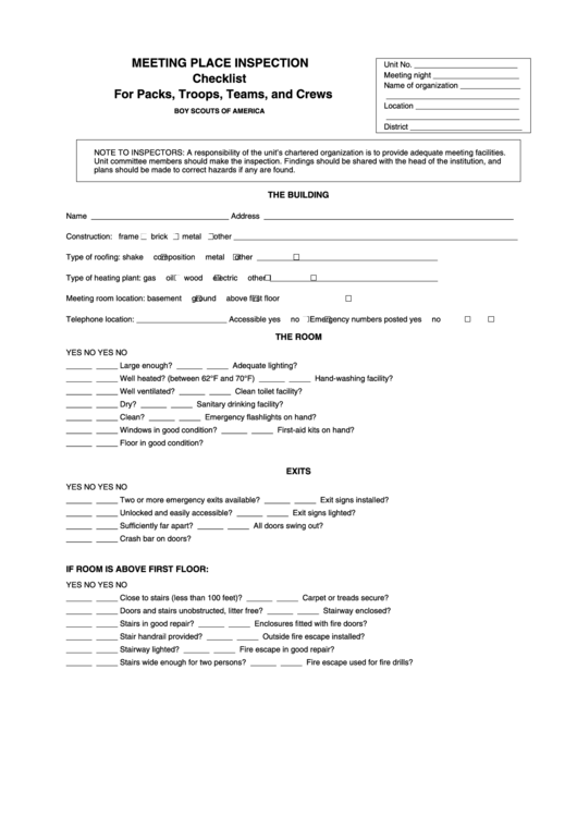 Meeting Place Inspection Checklist Form Printable pdf