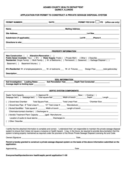Application For Permit To Construct A Private Sewage Disposal System Form - Adams County Health Department Printable pdf